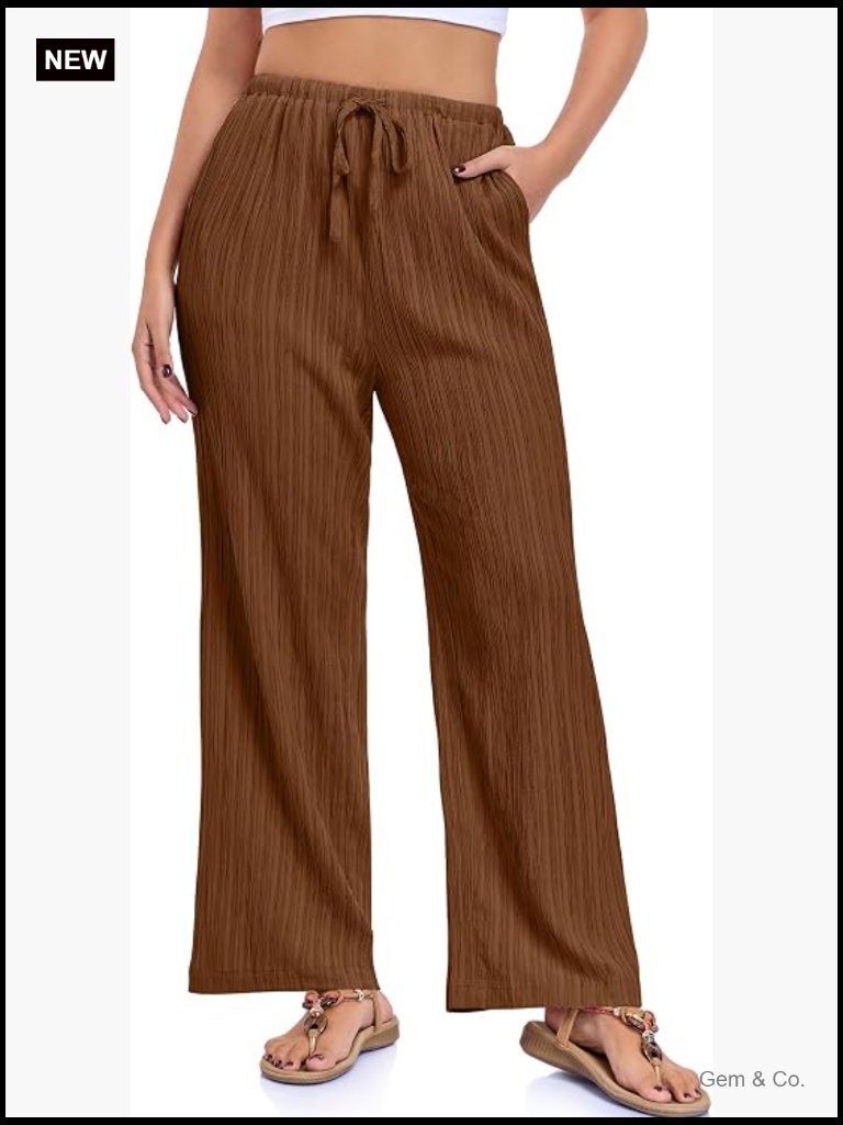 Wide Leg Palazzo Pants Drawstring Elastic Waist Flowy Trousers With Pockets